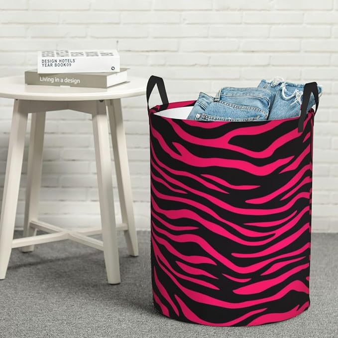 Foldable Laundry Basket Hot Pink Black Zebra Print Portable Laundry Hamper Large Dirty Clothes Basket For Baby Kids Nursery Toy Bin With Handles For Bathroom Dorm