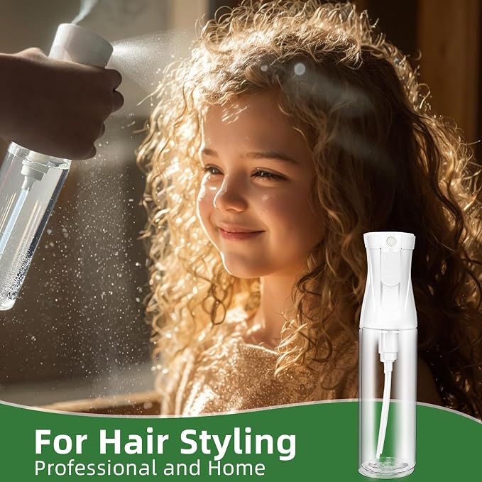 2-Pack Continuous Fine Mist Spray Bottle for Hair - Patented Ultra-Fine Mist for Hairstyling, Cleaning, Plants, and More - BPA-Free, Leak-Proof, 360° Spray, Durable - White (300 ml/10.1oz)
