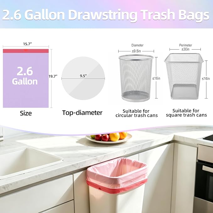2.6 Gallon Trash Bags, 200 Count Drawstring Small Garbage Bags Thick Pre-separated Unscented Trash Can Liners for Bathroom Office Kitchen Bedroom Home Multi Colored