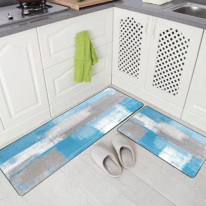 TOMWISH Kitchen Rugs Grey and Blue Abstract Art Set of 2 Floor Comfort Mats | Non Slip Washable Kitchen Sink Rug Farmhouse Kitchen Floor Mats Comfort Standing Mat for Laundry 20"X48"+20"X30"