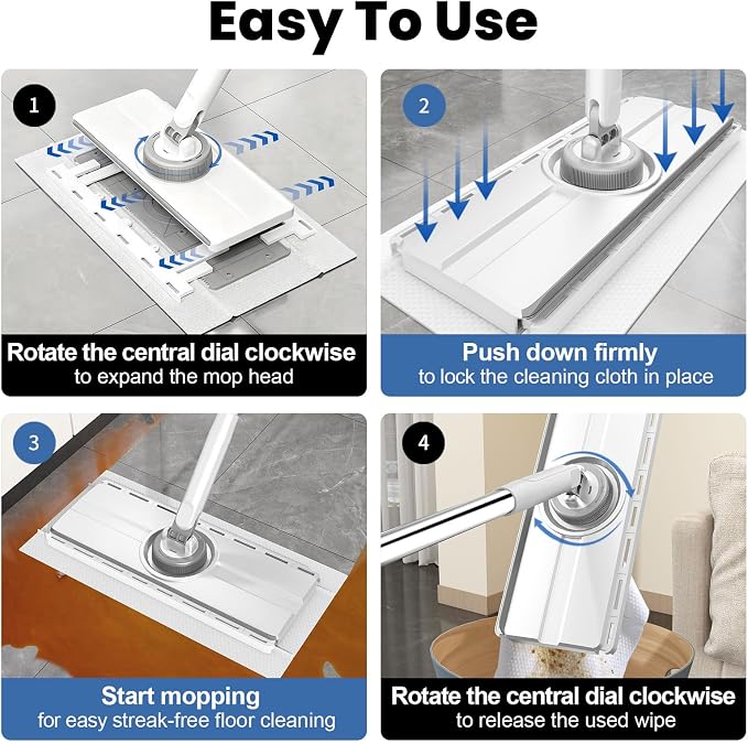 13" Wide Flat Mop with Snap-Grip Cloth Lock, Disposable Clamp Mop | Sweeper & Mop Kit with Dry and Wet Multi-Surface Floor Cleaner, Includes 2 Reusable Cloths, Ideal for Hardwood, Tile Floor