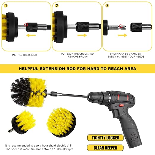 Drill Brush Attachment Set - 4 Piece Cleaning Kit for Bathroom Surfaces, Grout, Floor, Tub, Shower, Tile, Kitchen and Car - Electric Multi-Purpose Scrubber