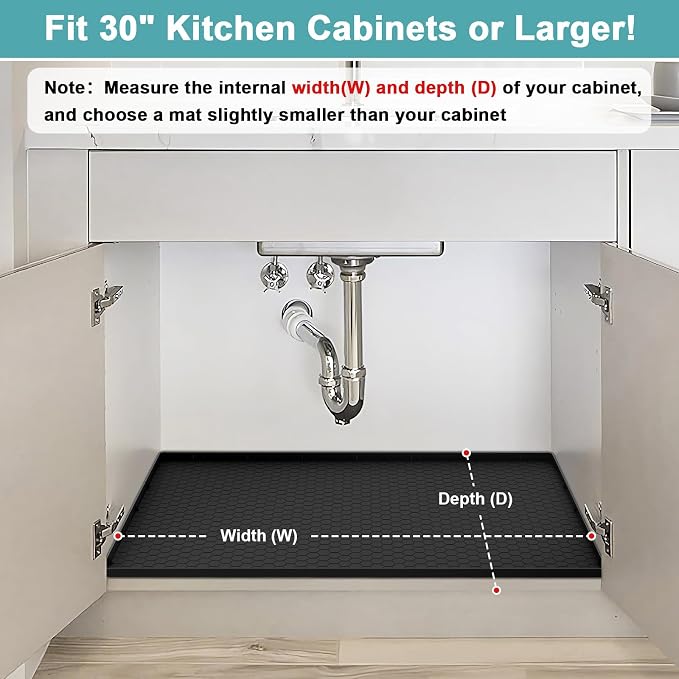 Waterproof Under Sink Mat, 28" x 19" Silicone Under Sink Mats for Kitchen, Under Kitchen Sink Mats and Protector Mat, Sink Cabinet Protector Mats for Bathroom, Black