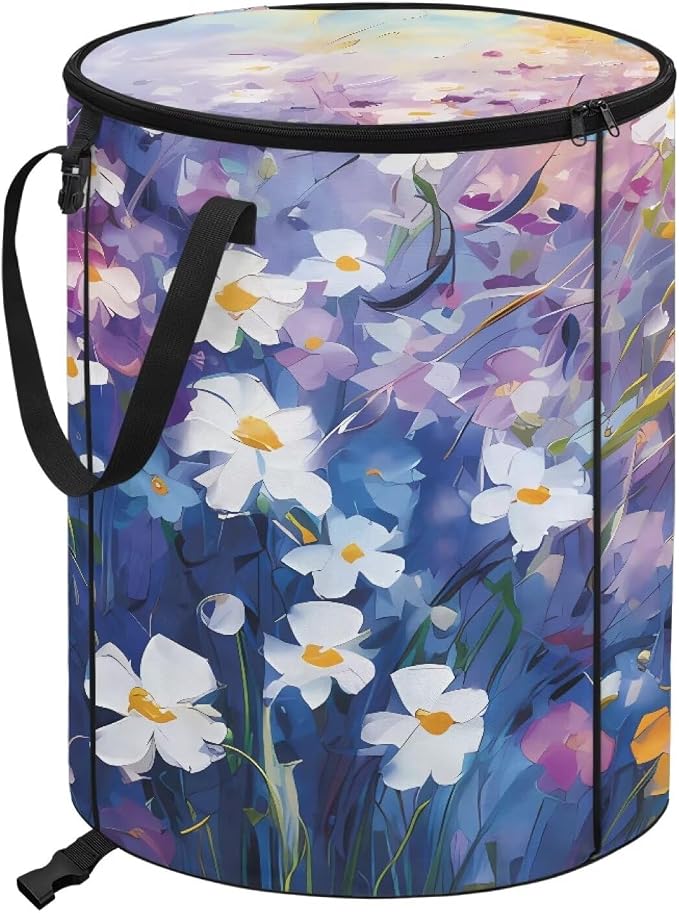 Watercolor Daisy Collapsible Trash Can 24 Gallon Waterproof Pop-Up Bin with Zipper Lid Reusable Heavy-Duty Outdoor Garbage Can for Patio Backyard Folds Flat Camping Essentials