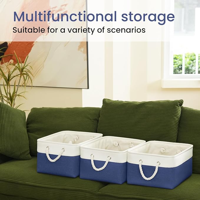 15.7x11.8x8.26 Inch Fabric Large Storage Bins with Handles 6 Pack | Foldable, Sturdy Metal Strand, Cardboard Support Molding, Fabric Storage Baskets for Shelves, Closet, Bedroom, White/Blue