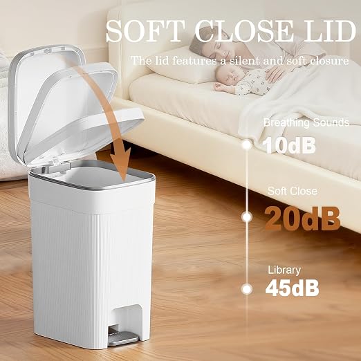 Small Bathroom Trash Can with Lid Slim Step Garbage Can 4 Gallon White | Stylish Decor Soft Close Trash Bin Plastic Wastebasket with Trash Bags for Kitchen Bedroom Office Living Room Toilet College