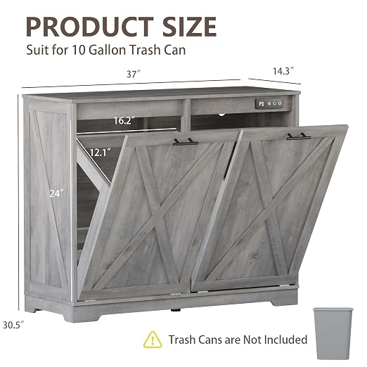 Double Tilt Out Trash Can Cabinet, Wooden Farmhouse Kitchen Garbage Bin Enclosure with Negative Ion Odor Control, Hidden Dog Proof Trash or Laundry Basket Storage for Laundry Room, Grey