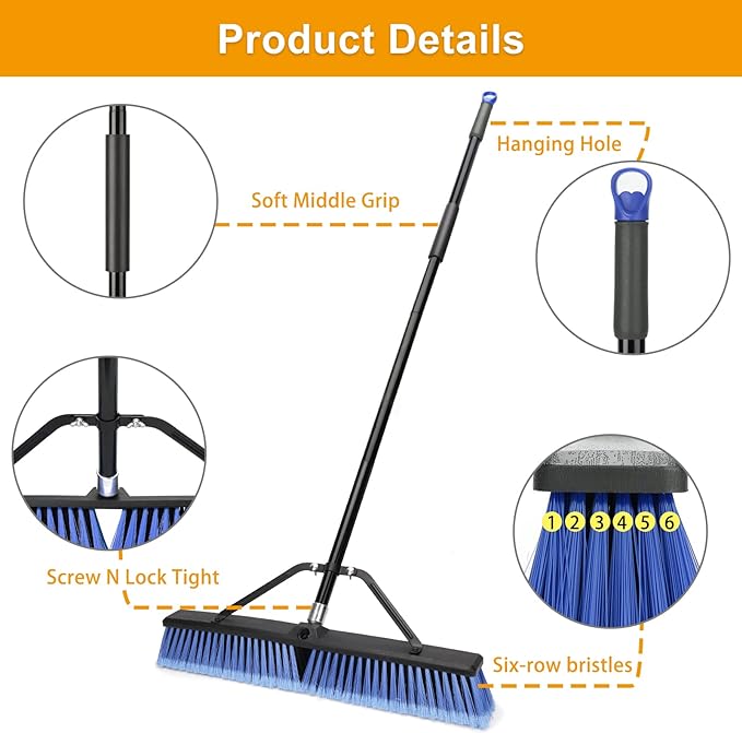 24 inches Push Broom Outdoor for Deck Driveway Garage Yard Patio Concrete Floor Cleaning-Blue-2 Pack