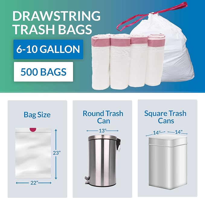Reli. 6-10 Gallon Trash Bags Drawstring | 500 Count Bulk | 22"x23" | White Trash Can Liners | 6, 8, 10 Gallon Drawstring Garbage Bags | Small - Medium