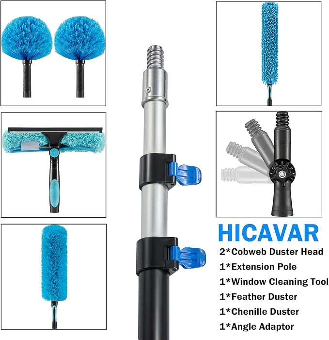 15 Foot High Ceiling Fan, Cobweb Duster with 5-8ft Extension Pole | Extendable, Reusable Feather, Window Cleaning Squeegee Kit