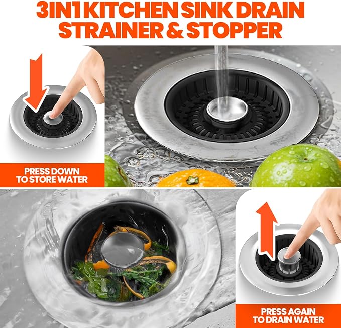3 in 1 Kitchen Sink Drain Strainer Stopper Basket Pop Up Black | Kitchen Sink Accessories Strainer Basket 2 Pack Stainless Steel Anti-Clog Catcher, Odor-Blocking Seal Fits 3.5" Drain