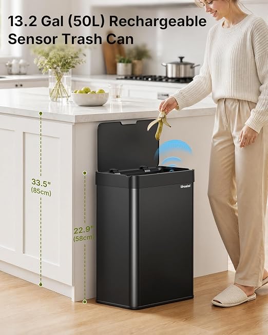 13.2 Gallon Automatic Kitchen Trash Can, Touchless Sensor Garbage Can,Black | Built‑in 1500mAh Rechargeable Battery,Stainless Steel Motion Sensor Trash Can, Silent Close Lid Smart Trash Bin for Home