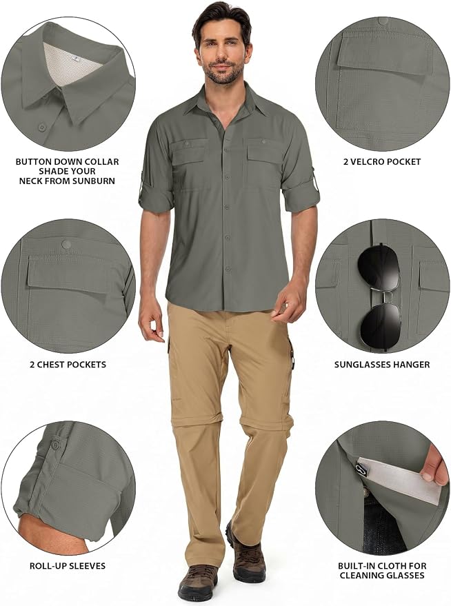 linlon Men's Safari Shirt UV Sun Protection Long Sleeve Hiking Travel | Button Down Mesh Back Vents UPF 50+ Quick Dry Breathable Cool Lightweight Outdoor Travel Fishing Gardening Clothes