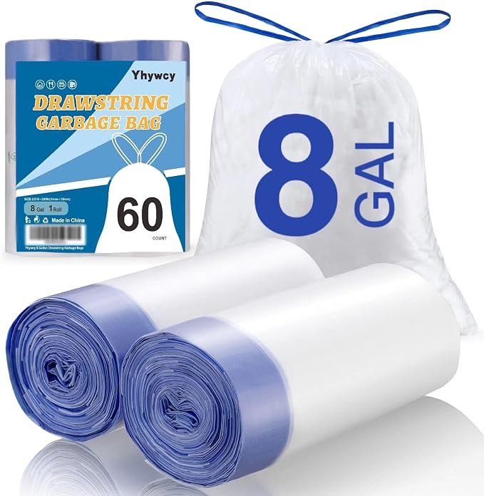 Trash Bag 8 Gallon Medium Drawstring Garbage Bags for 8 Gallon Trash Cans, Kitchen Bedroom Bathroom Living room Office Restaurant Thickened Stretchy (60 Count)