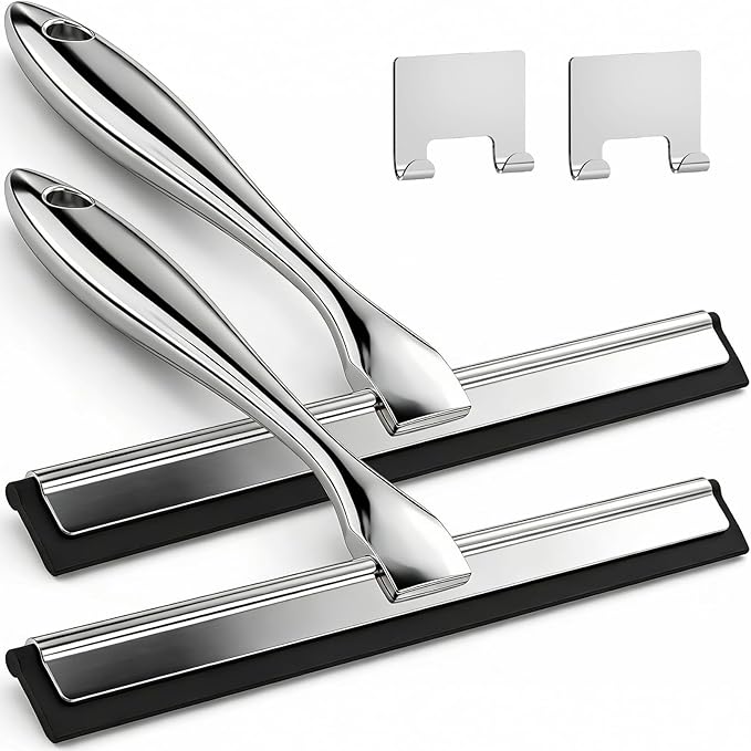 2pcs Shower Squeegee for Glass Doors with Adhesive Hanging Hook Set | 9.9” Silver, Bathroom Accessories, Window Cleaner, New Home Essentials, Soft Rubber Blade, Metal Handle, Ergonomic Grip