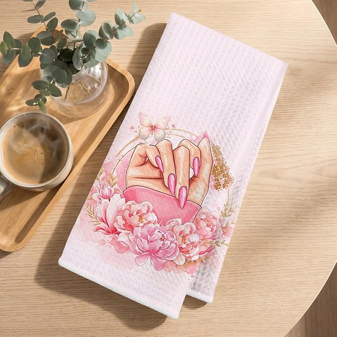 Hanamiya Na 2 Pcs Pink Hand Towels, Nail Polish Decor Reusable Dish Towels | Fashion Gifts for Women Mom Girls Friend, Waffle Weave Microfiber Towels for Bathroom Home Decor 24x14 Inch