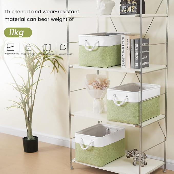 15x11x10 In Foldable Fabric Large Storage Bins with Handle 3 Pack | Organizer Baskets, Sturdy Metal Strand, Cardboard Support Molding, Storage Baskets for Shelves, Closet, Bedroom, White/Green