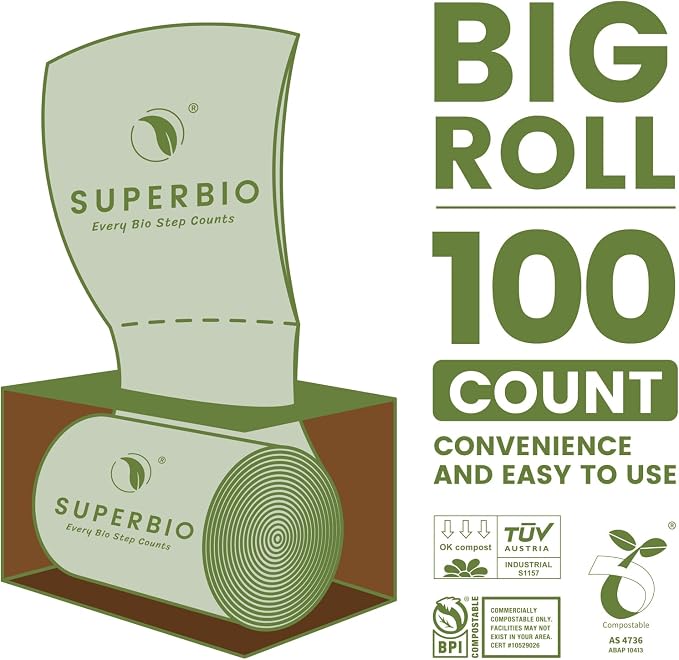 SUPERBIO 2.6 Gallon Compostable Food Waste Bags, 100 Count, 1 Pack | Flat Top Food Scrap Bags, 9.84L, ASTM D6400, Certified by BPI and OK compost HOME