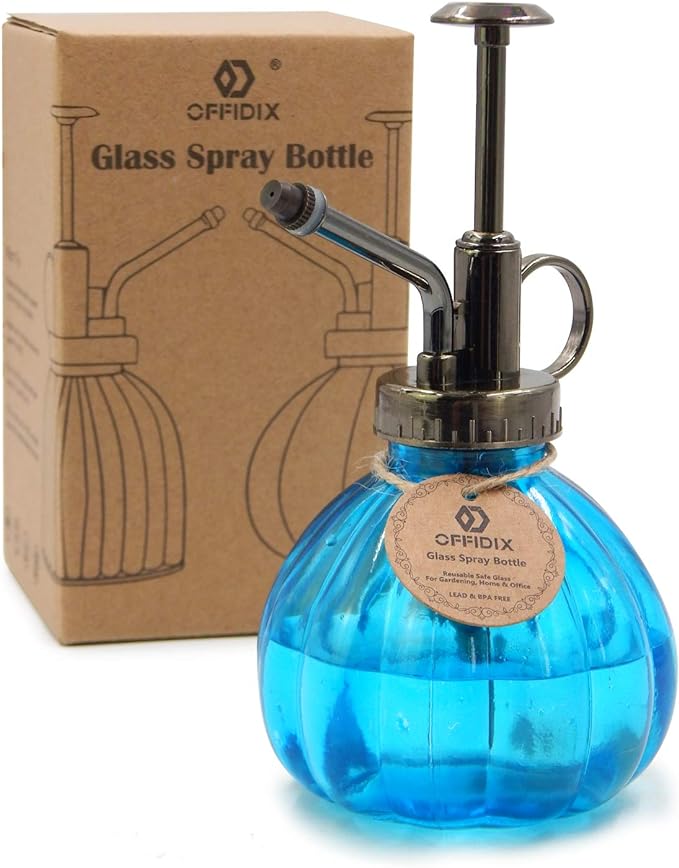 OFFIDIX Glass Spray Bottle Blue Plant Mister Vintage Pumpkin Water Can6.7oz | Spritzer Bronze Plastic Top Pump, 6.3" Tall, 200ml One Hand Small Watering Can Mister for Plants, Fine Mist Spray Bottle
