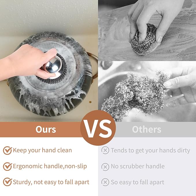 15pcs Steel Wool Scrubber with Replacement Wire Sponge Pads, Steel Scrubber | Stainless Steel Scrubber with Handle for Scouring Stubborn Messes from Cast Iron, Pots, Grill, Stoves, (3 Scrub+12 Pads)