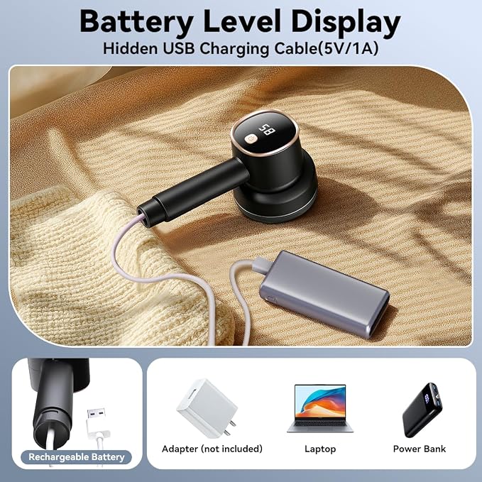 Rechargeable Fabric Shaver, 6-Leaf Blades, LED Display, 3 Speeds | Portable Lint Remover Easy to Remove Pilling, Fuzz & Lint Balls from Clothes, Sweater, Couch, Blanket, Furniture, Coat, Black
