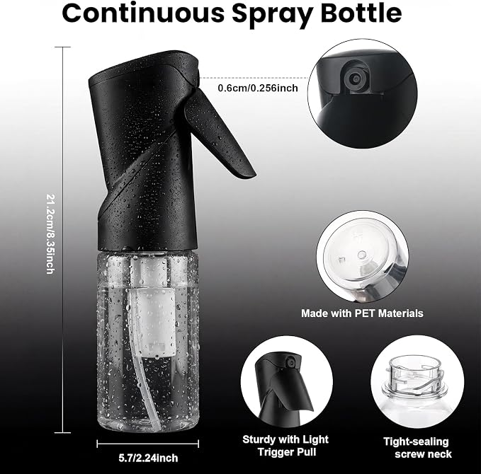 Spray Bottles 250ml/8.5oz 2 Pack Continuous Spray Bottle, Black | For Hair, Refillable, Fine Mist Sprayer, Water Spray Bottles For Cleaning Kitchen Hair Care Skin Toner