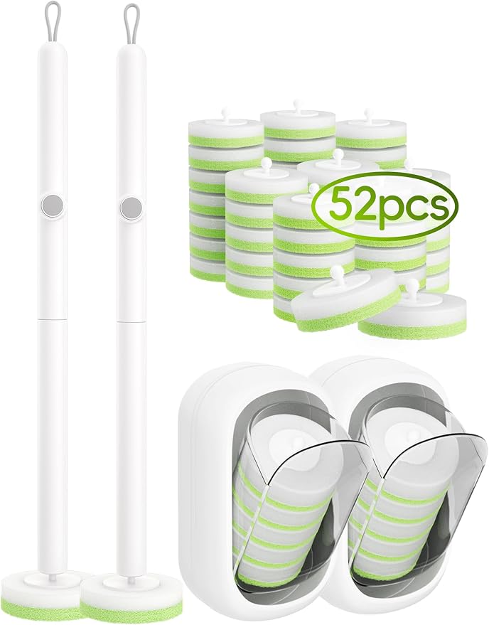 Wall Mounted Disposable Toilet Brush System with Holder, Toilet Bowl Cleaning Wand with Green Refills and One-Button Release, 2 Wands and Holders with 52 Green Refills