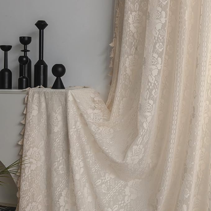 Sutuo Home Boho Kitchen Curtains Crochet Florals Embroidery, Bohemian Sheer Lace Curtains Handmade Knitted Tassels Vintage Chic Farmhouse Drape for Nursery Bedroom Rod Pocket 1 Panel 59" W x 63" L