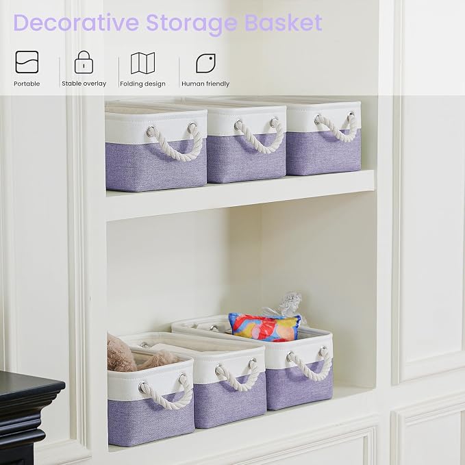 11.8x7.9x5.2 Inch Fabric Small Storage Bins with Handles 3 Pack | Foldable Storage Basket, Sturdy Metal Strand, Cardboard Support Molding, Small Baskets for Organizing, Shelves, White/Purple