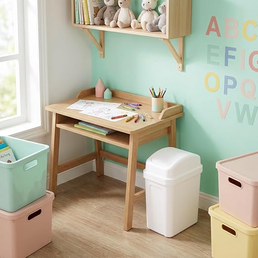 Idotry 1.8 Gallon Small Bathroom Plastic Trash Can with Swing Lid, White | 7 L Swing Top Lid Waste Basket, Space-Saving Slim Shape, Small Garbage Can for Office, Bedroom, Under Sink, Near Desk