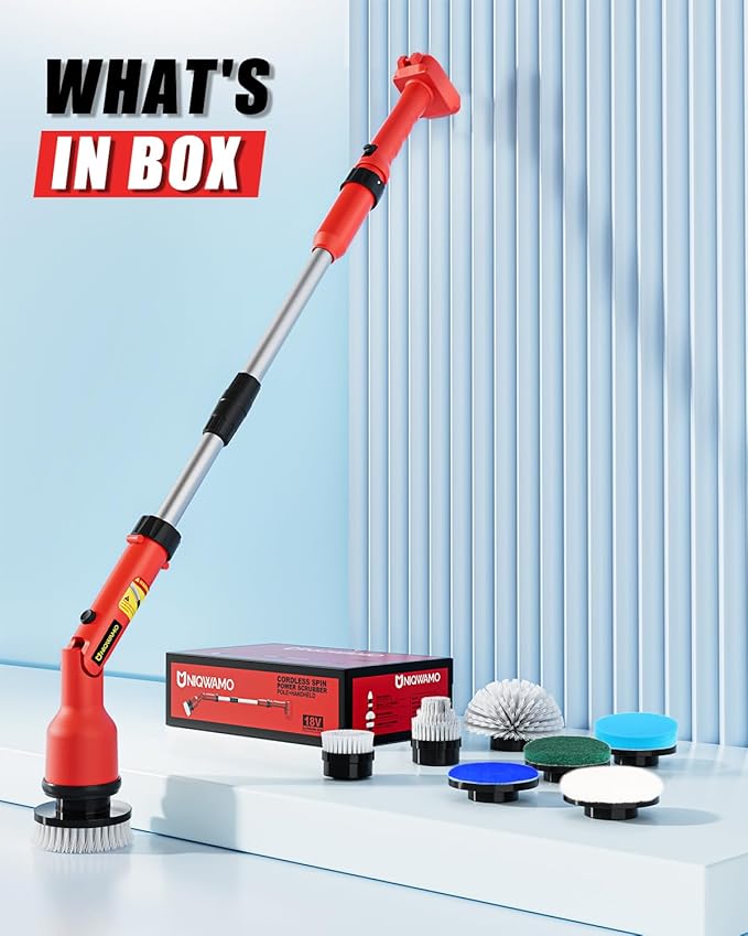 Uniqwamo Electric Spin Scrubber Compatible for Milwaukee 18V Battery | 1000 RPM Battery Powered Scrubber with Adjustable Extension Arm & 8 Brushes & Gloves for Tub/Tile/Floor(Battery NOT Included)