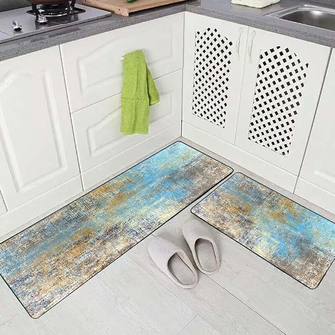TOMWISH Kitchen Rugs Brown and Blue Set of 2 Floor Comfort Mats Non Slip | Washable Kitchen Sink Area Rug Farmhouse Kitchen Floor Mats for in Front of Sink Kitchen Décor Laundry 18"X48"+18"X30"