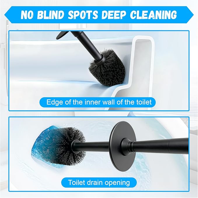 AONEZ Plastic Toilet Brush and Holder Set for Bathroom Cleaning, Black | Extra Long Handle; Splash Guard; Covered Holder; Hard Dense Bristles; Stable Base;