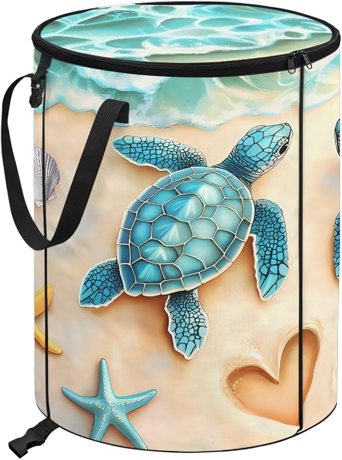 Beach Turtle Collapsible Recycling Bin 24Gal - Compost Waste Container w/Sorting Clips & Lid | Waterproof Pop-Up Design for Lawn, Camping, Yard Waste Gifts for Outdoor Workers