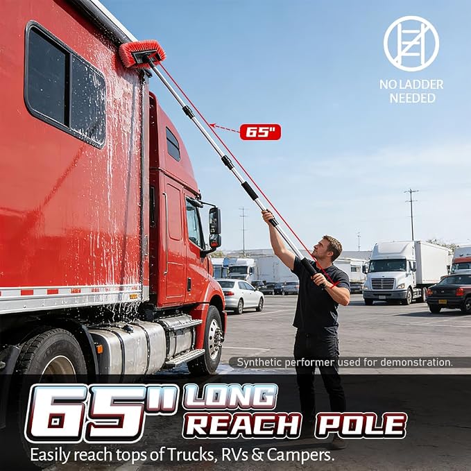 65" Flow-Thru Car Brush, Red | Hose attachment links to water. Soft bristles clean truck & RV roofs. 4-pc extendable aluminum pole & storage bag included.