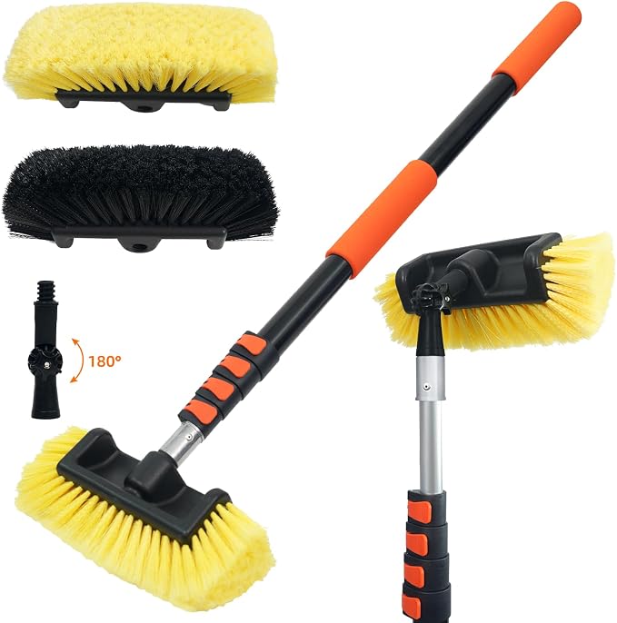 16FT Car Wash Brush with Long Handle, Car Cleaning Brush with 12" Soft Bristle and 12" Hard Bristle, 4-16Ft Telescopic Pole for Scratch-Free Cleaning Truck,RV, Boats,House Siding,Floors,Solar Panels