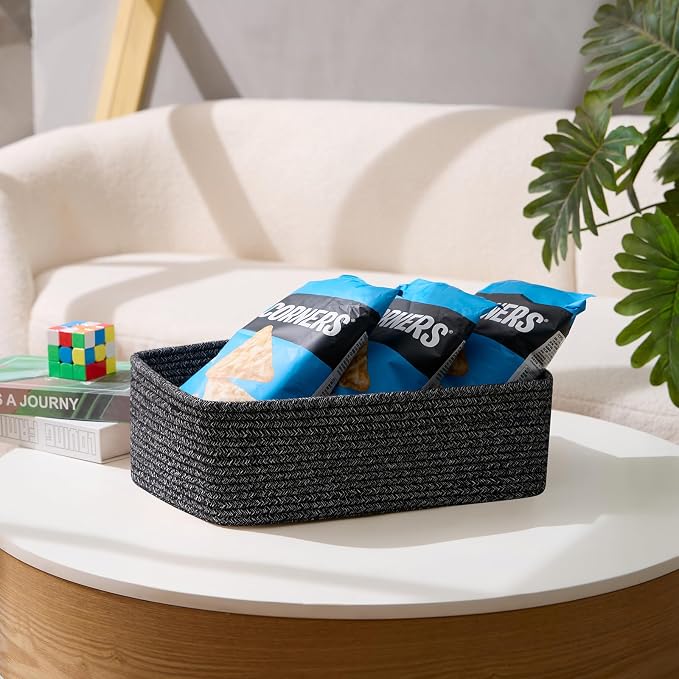 MiniArk Large Shallow Organizing Baskets 15x11x5.1 Inches - Rope Woven Storage Bins for Bathroom, Shelves, Cube Closet, Mixed Black 2 Packs