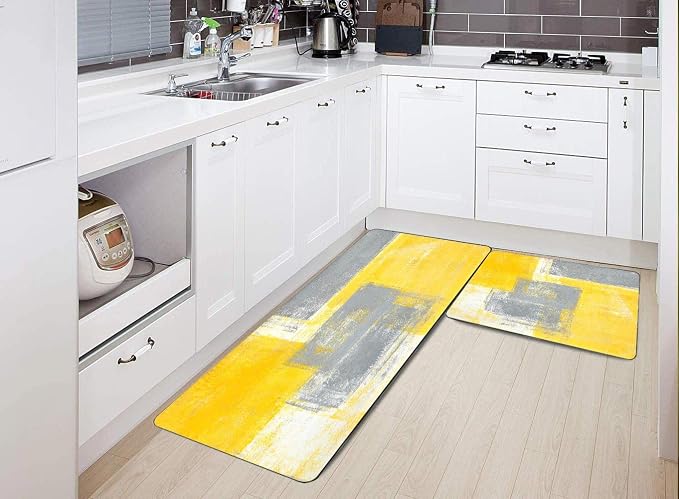 TOMWISH Grey and Yellow Kitchen Mat Non Skid Washable Kitchen Rug | Yellow Abstract Art Painting Kitchen Sink Rug 2 Piece Floor Mats for Home Kitchen 18"X48"+18"X30" Decor and Accessories