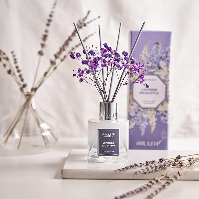Reed Diffuser Set,3.38 fl oz (100 ml) - Lavender Eucalyptus Oil Diffusers with 8 Reed Sticks, Home Fragrance Reed Diffuser for Bathroom Shelf Decor