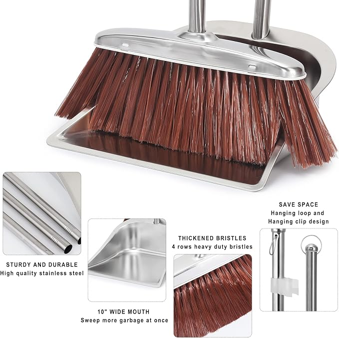 Broom and Dustpan Set for Home, 56" Kitchen Broom with Dustpan Combo Set, Heavy Duty Dustpans with Long Handle, Upright Metal Dust Pan Brooms for Sweeping Indoor Outdoor Home Office Lobby Floor