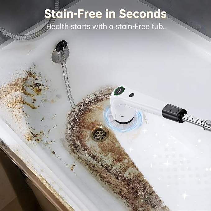 PUFTEM Electric Spin Scrubber, Cordless Shower Scrubber, Adjustable Handle | Dual Speed, 8 Replaceable Brush Heads, Adjustable Extension Handle, Battery Level Display, Bathtub, Tile & Floor Cleaning