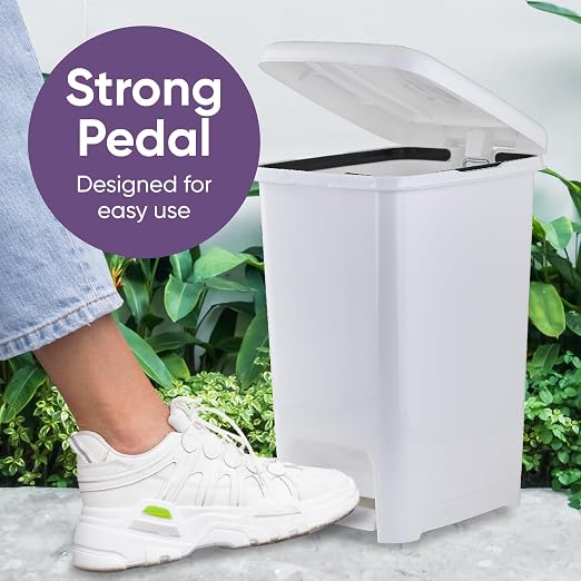 Superio Slim Step-On Trash Can with Lid, Plastic Garbage Bin with Foot Pedal for Bathroom, Bedroom, Kitchen, Office, RV, Patio, or Dorm, White Smoke