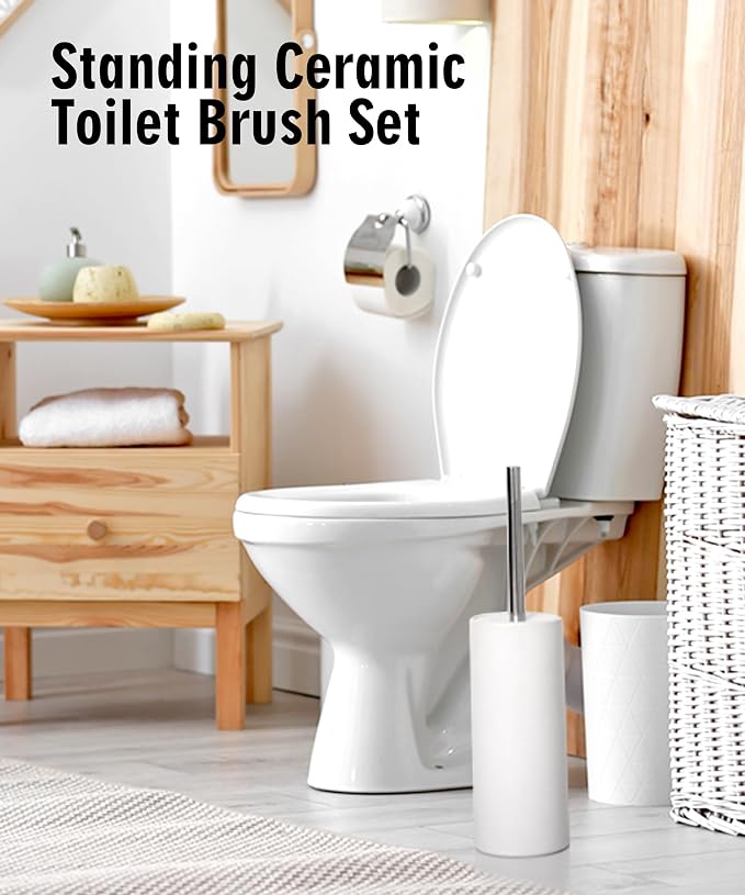 Matt White Ceramic Toilet Brush and Holder Set | Freestanding Toilet Bowl Cleaners Brush, Scrubber Brush for Toilet, Bathroom Accessories with Stainless Handle, Deep Cleaning