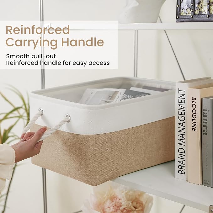 15.7x11.8x8.26 Inch Fabric Large Storage Bins with Handles 3 Pack | Foldable, Sturdy Metal Strand, Cardboard Support Molding, Fabric Storage Baskets for Shelves, Closet, Bedroom, White/Khaki