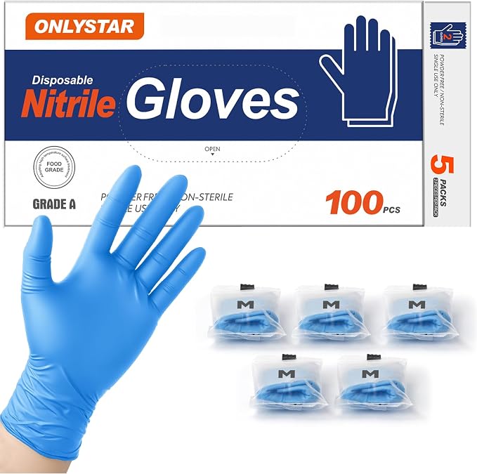 5 Mil Disposable Nitrile Gloves Medium, 100Pcs + 5 Pairs | Food Grade, Latex Free, Powder Free, Textured Grip for Cleaning, Crafts, Hair Dye, Gardening, Cooking Food Prep