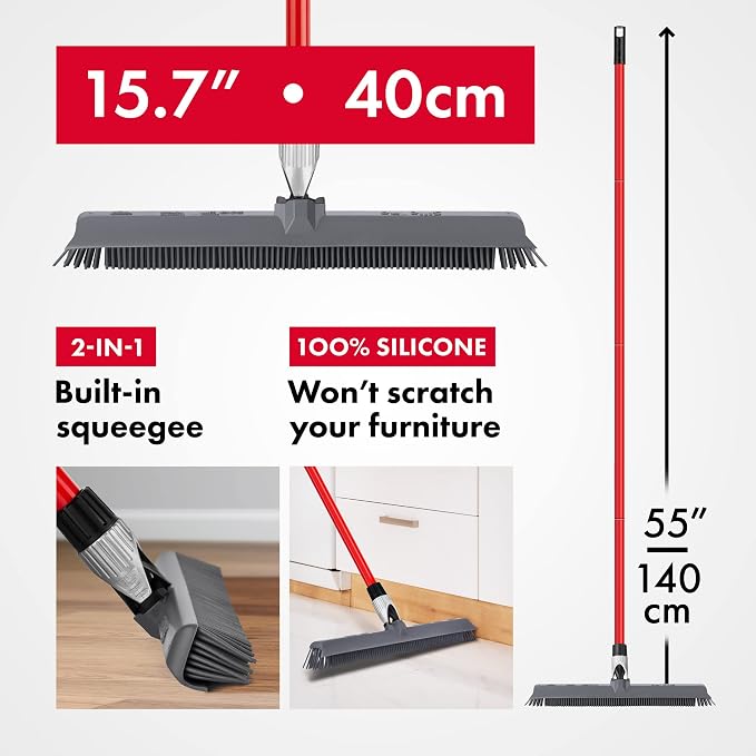 2-in-1 Silicone Rubber Broom Carpet Rake and Squeegee - Swivel Pet Hair Removal Broom - 1 Piece Long Handle - Slanted Side Bristles for Corners - Multipurpose Broom for Carpet, Hardwood Floor, Tile