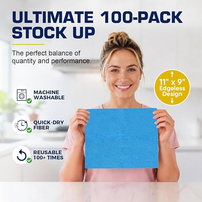 GLIMGLINT Reusable Shop Towels, 100 Pack Microfiber Cleaning Cloth, 11 x9 | Lint Free & Ultra Absorbent Cleaning Rags for Auto Repair, Detailing, Restaurants & Factories, Washable Shop Rag, Blue