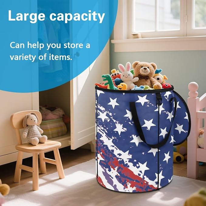 24 Gallon Reusable Yard Waster Bag Garden Leaf Bin Collapsible Camping Trash Container Stand-up Waster Bin with Lid and Handles Patriotic American Flag Print