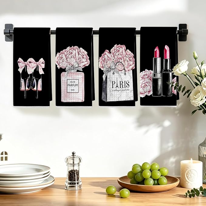 4 Pcs Black Fashion Hand Towels, Perfume Bow Decor Reusable Dish Towels | Fashion Gifts for Women Mom Girls Friend, Waffle Weave Microfiber Towels for Bathroom Home Decor 24x14 Inch