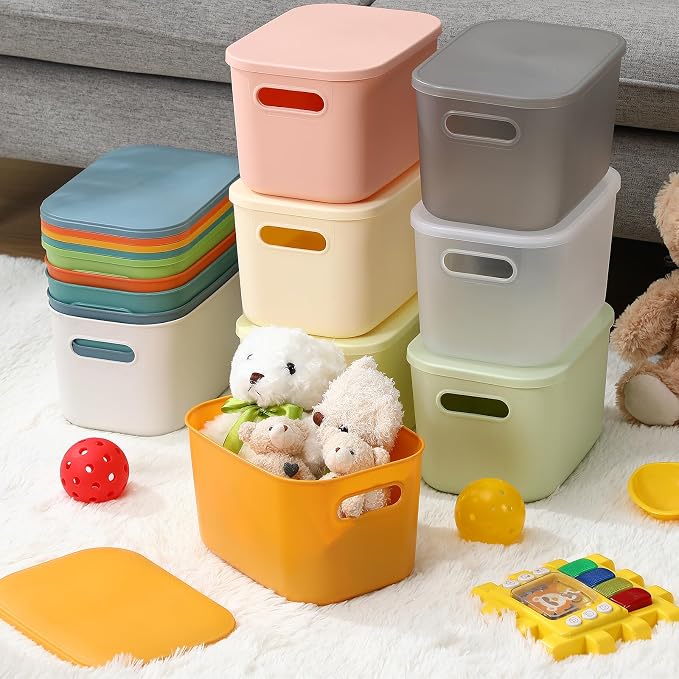 Thyle 12 Pack Classic Color Storage Bins with Lids for Classroom | Stackable with Handles and Labels, Organizer for Toy Craft Classroom Storage, Shelf Bedroom Organizing, 10x7x6 Inch